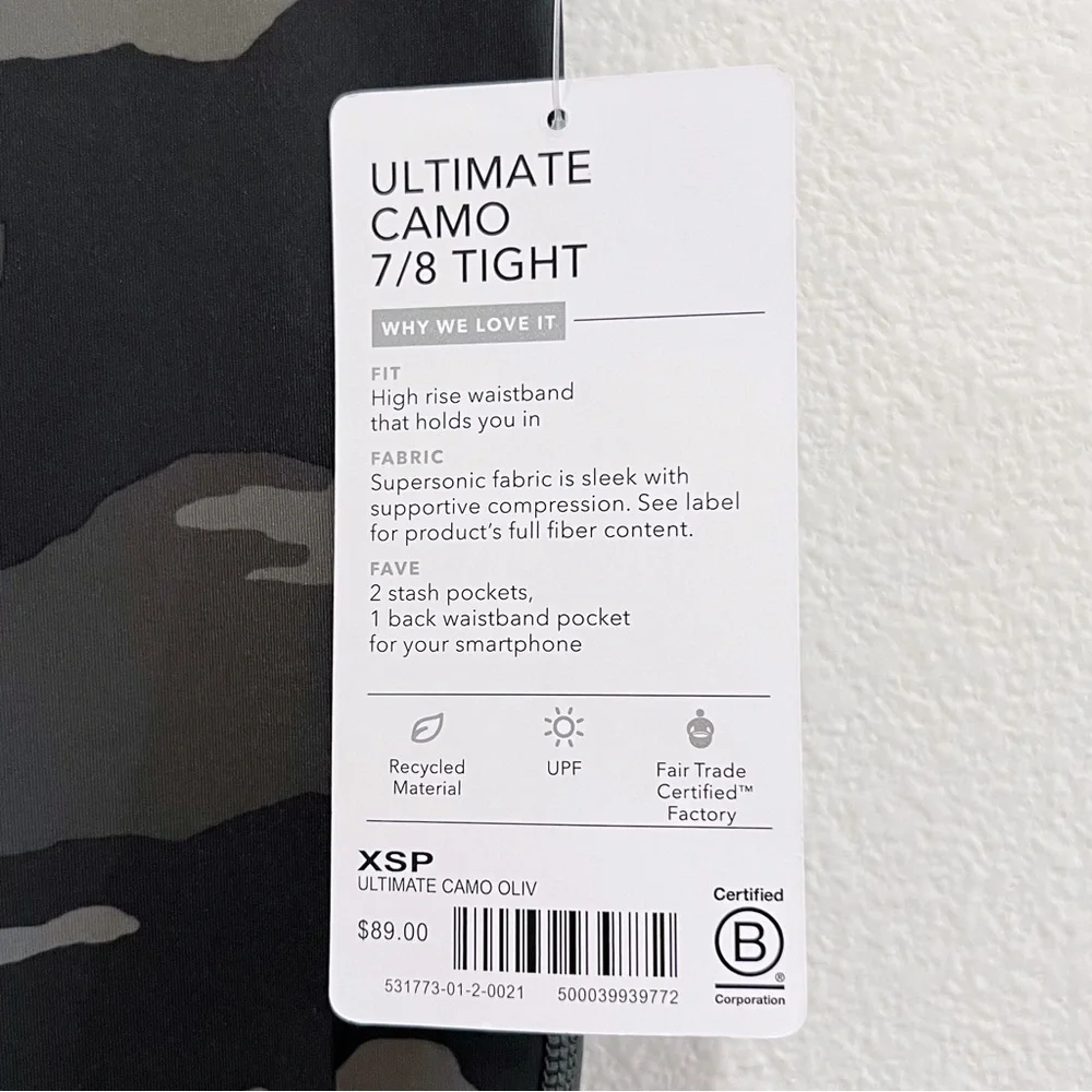 ATHLETA Ultimate Camo Stash Pocket 7/8 Tight Olive Green Supersonic Size XSP